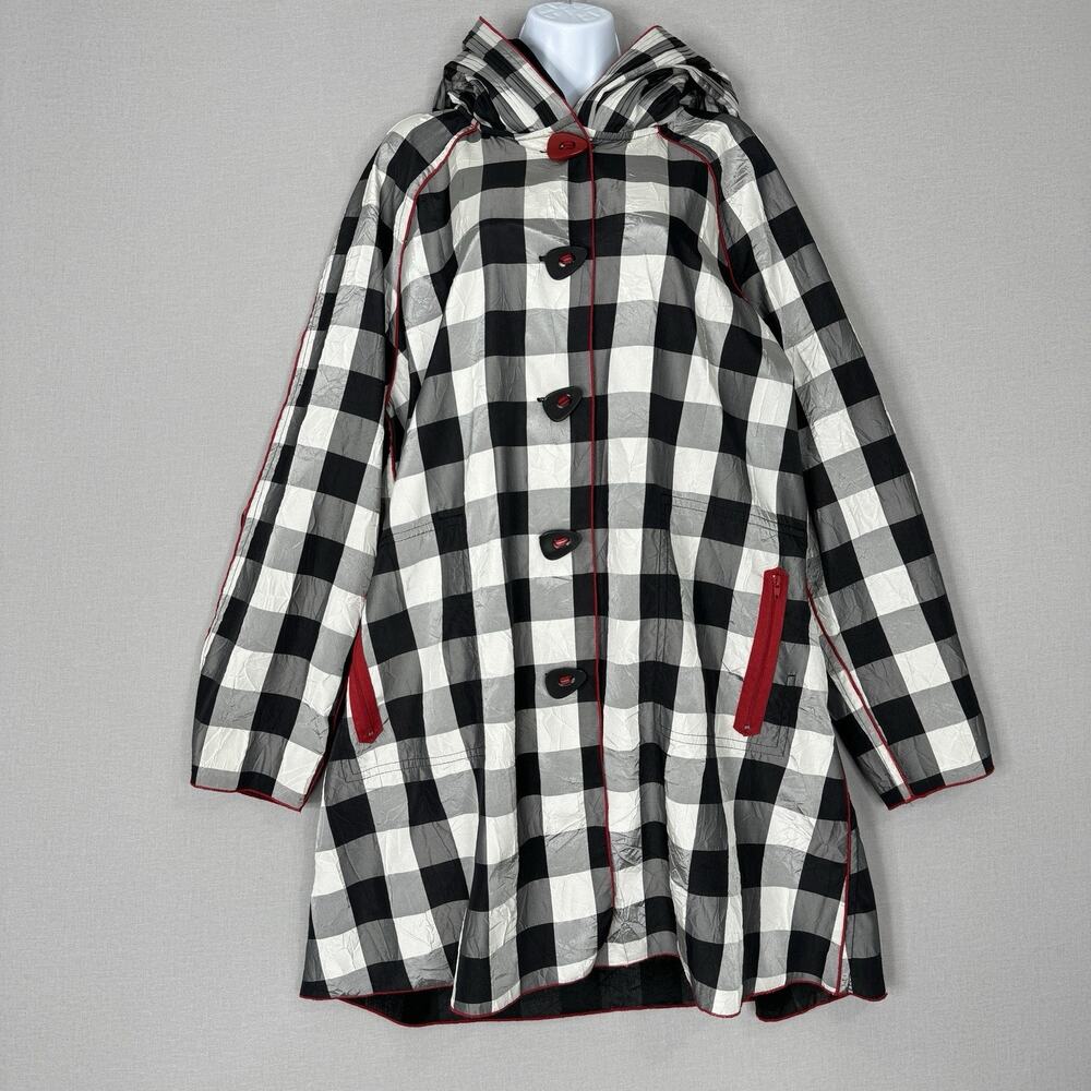 Ubu Womens Jacket L Black Piped Reversible Gingham Parisian Pleated Hood Coat
